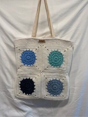 White Crochet Tote Bag with Blue and Teal Medallions